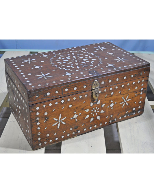 Antique Wooden Large Storage Chest Box Original Old Mother of Pearl Inlay
