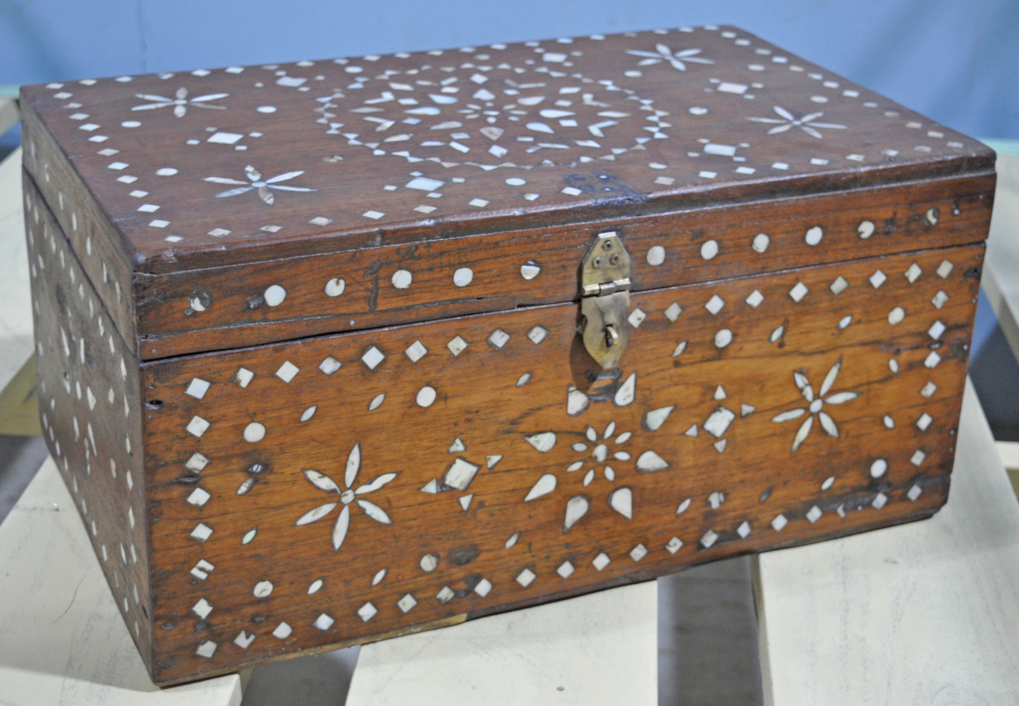 Antique Wooden Large Storage Chest Box Original Old Mother of Pearl Inlay