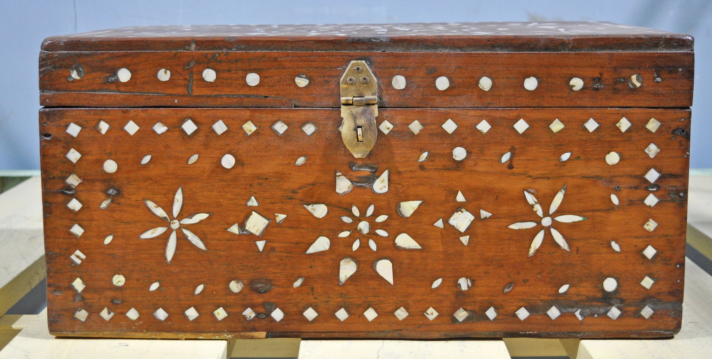Antique Wooden Large Storage Chest Box Original Old Mother of Pearl Inlay