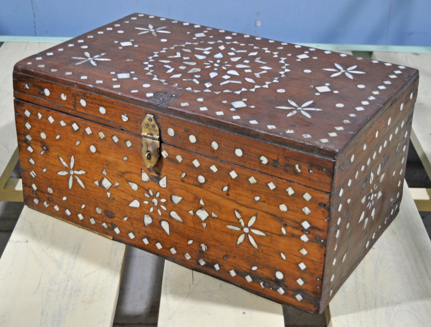 Antique Wooden Large Storage Chest Box Original Old Mother of Pearl Inlay