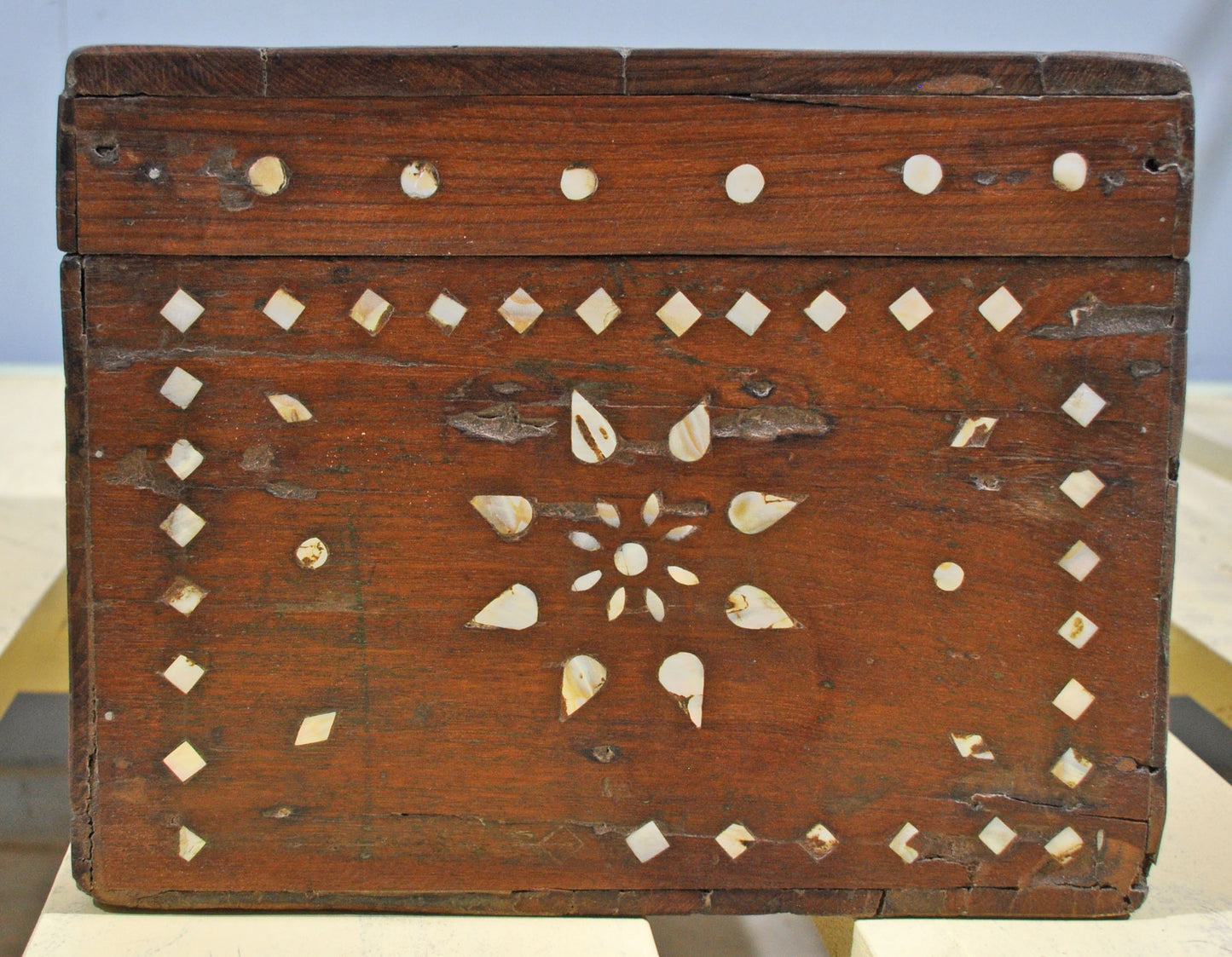 Antique Wooden Large Storage Chest Box Original Old Mother of Pearl Inlay
