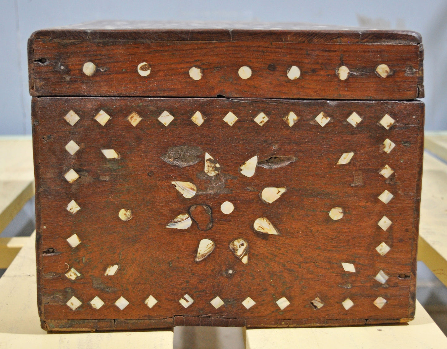 Antique Wooden Large Storage Chest Box Original Old Mother of Pearl Inlay