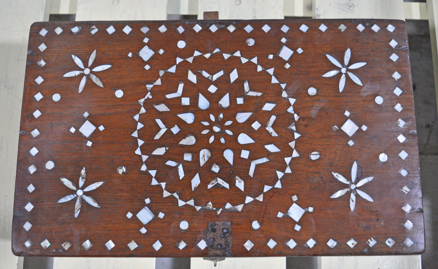 Antique Wooden Large Storage Chest Box Original Old Mother of Pearl Inlay
