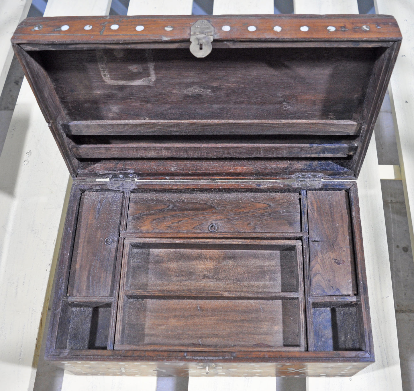 Antique Wooden Large Storage Chest Box Original Old Mother of Pearl Inlay