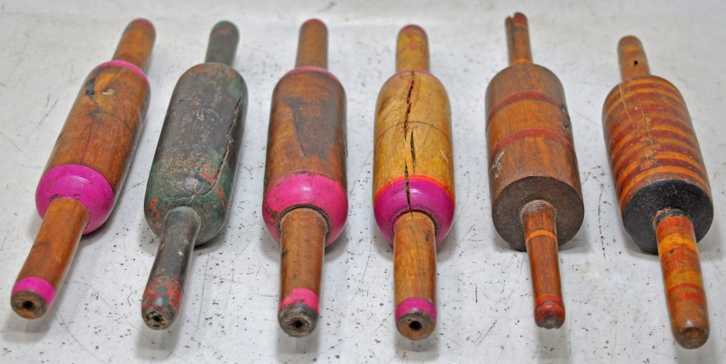 Lot of 6 Antique Wooden Chapati Bread Rolling Pins Belan Original Old Lacquer Painted