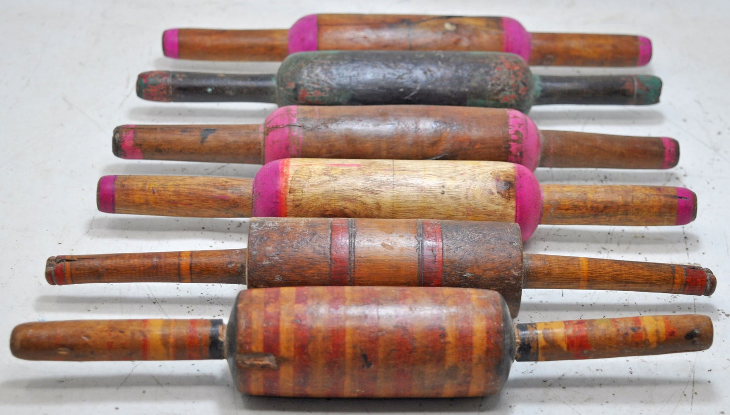 Lot of 6 Antique Wooden Chapati Bread Rolling Pins Belan Original Old Lacquer Painted