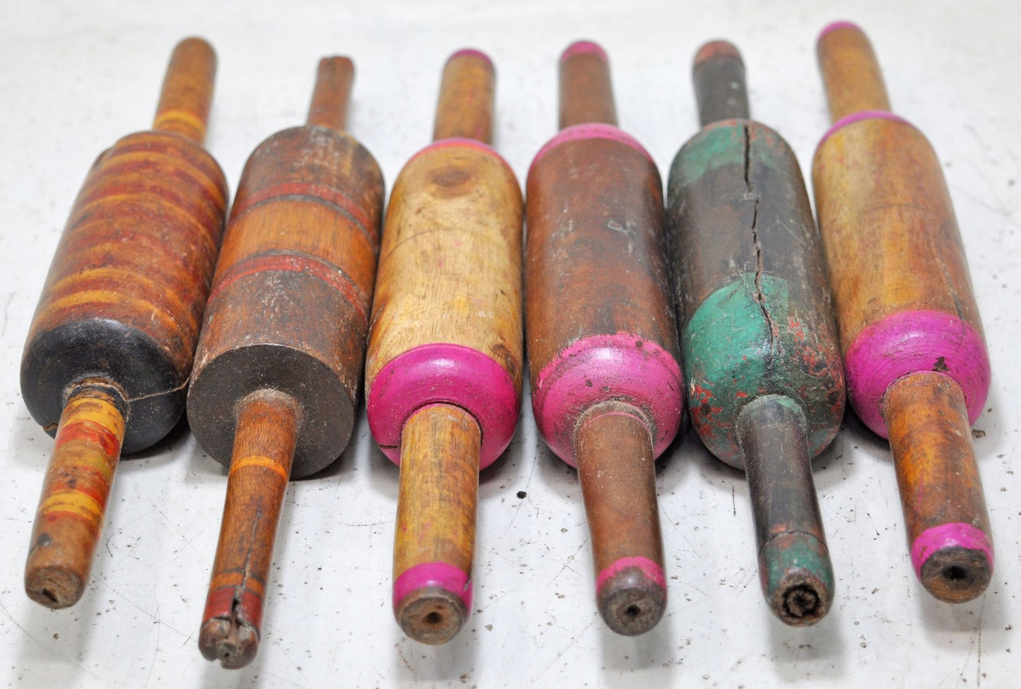 Lot of 6 Antique Wooden Chapati Bread Rolling Pins Belan Original Old Lacquer Painted