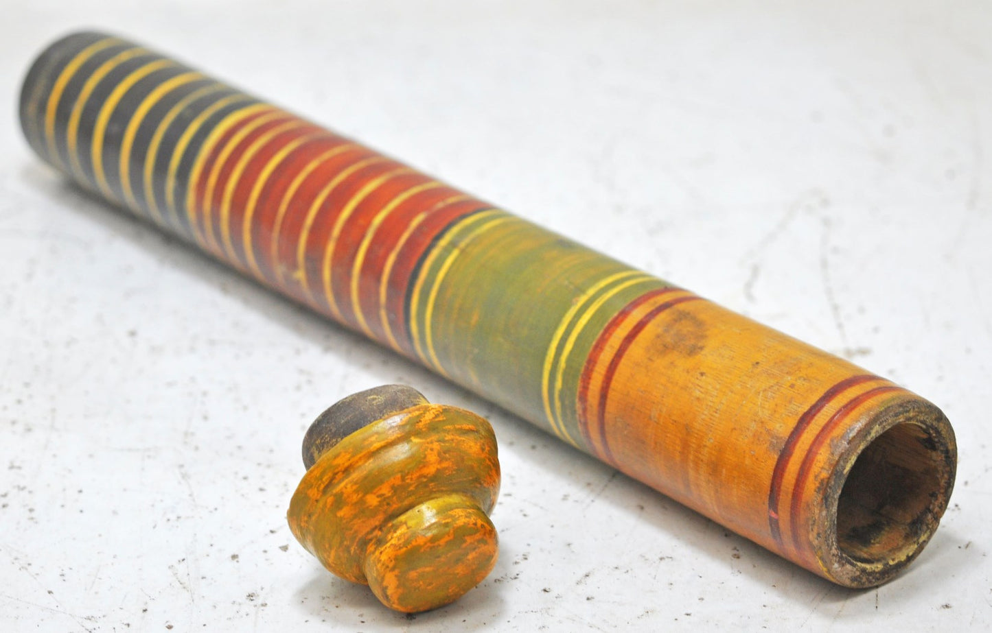 Antique Wooden Tall Round Scroll Message Box Original Old Hand Carved Painted