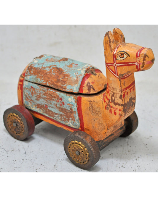 Vintage Wooden Camel on Wheels Figurine Spice Box Original Old Hand Carved Painted