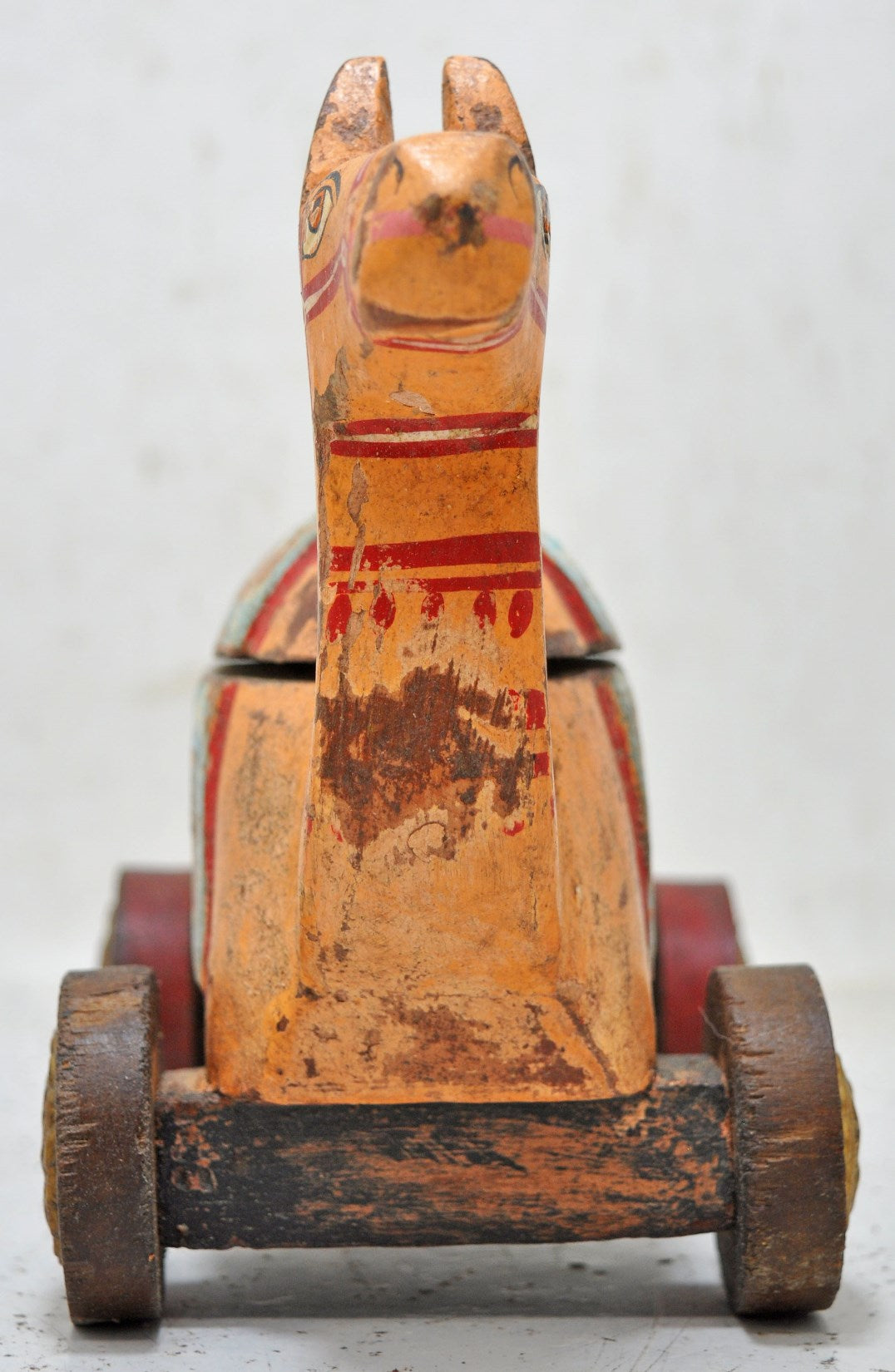 Vintage Wooden Camel on Wheels Figurine Spice Box Original Old Hand Carved Painted