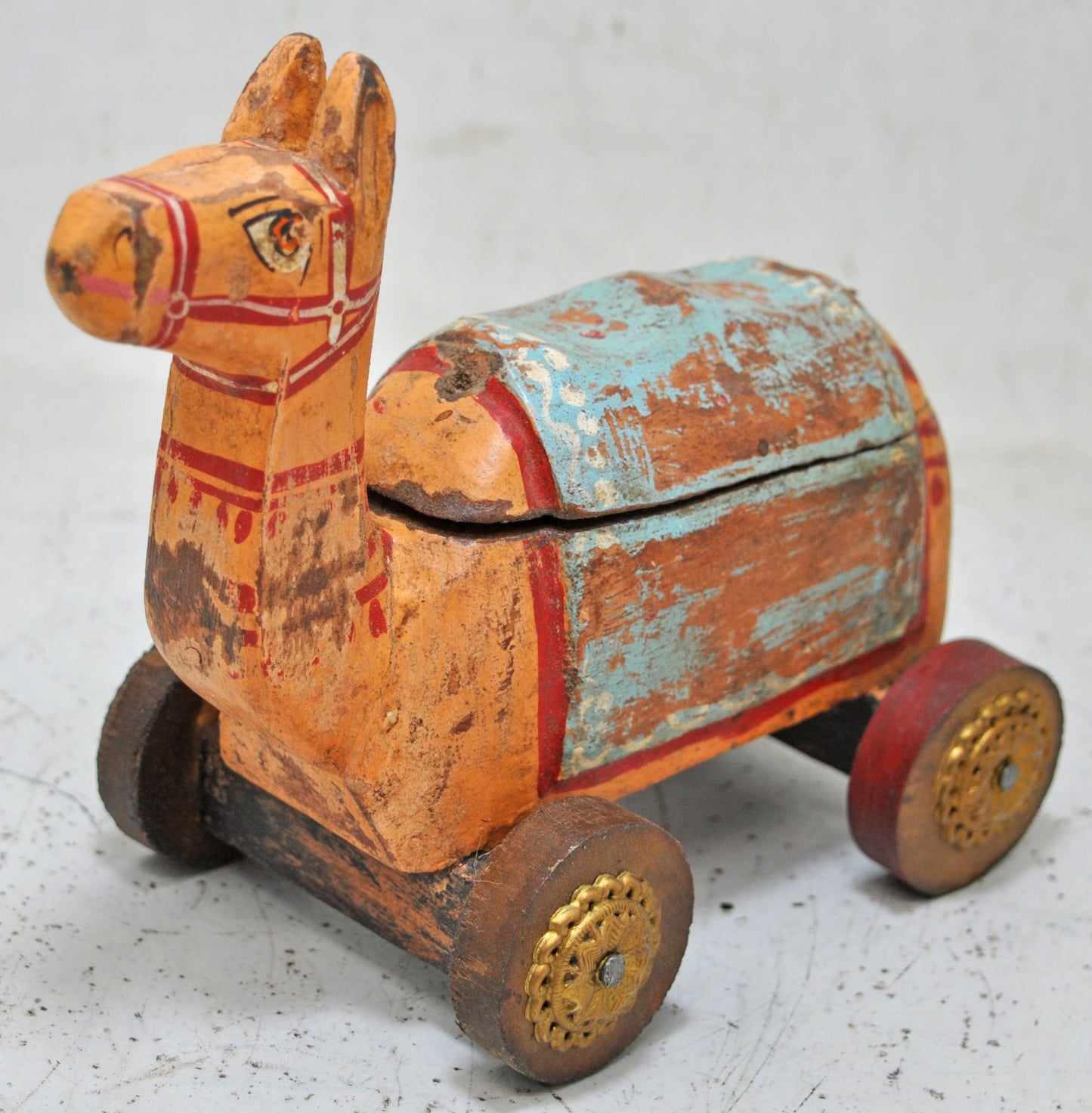 Vintage Wooden Camel on Wheels Figurine Spice Box Original Old Hand Carved Painted