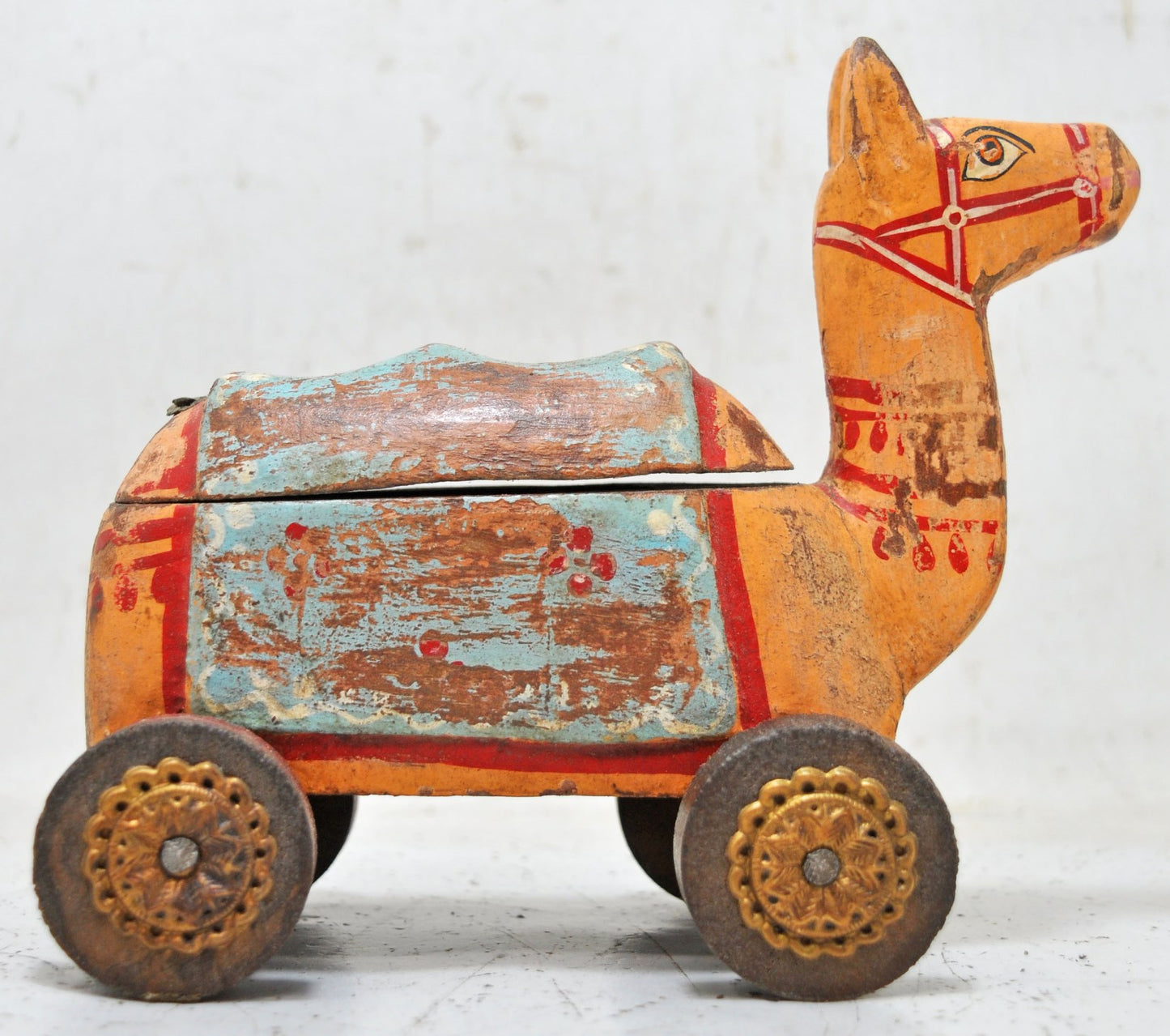 Vintage Wooden Camel on Wheels Figurine Spice Box Original Old Hand Carved Painted