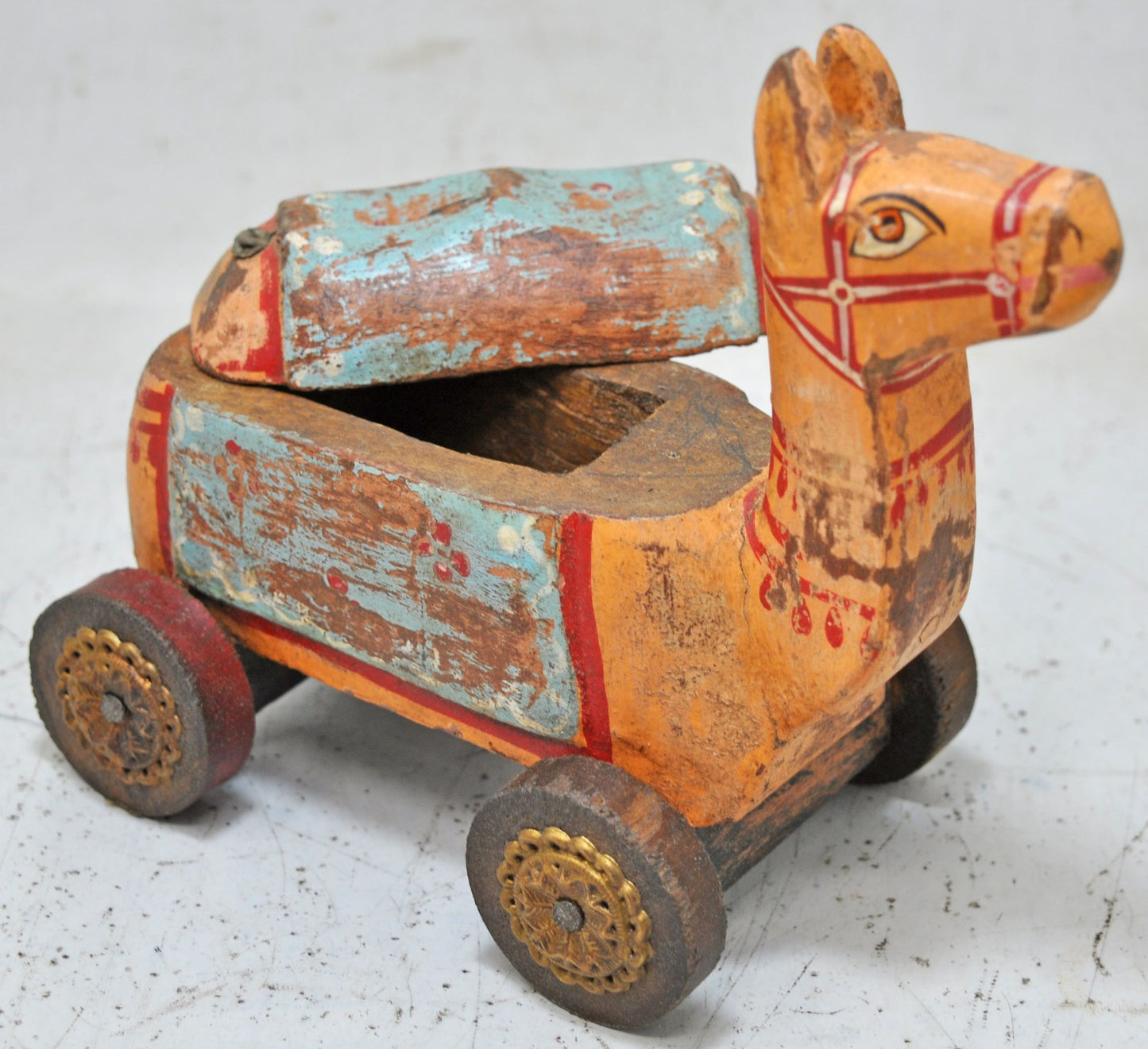 Vintage Wooden Camel on Wheels Figurine Spice Box Original Old Hand Carved Painted
