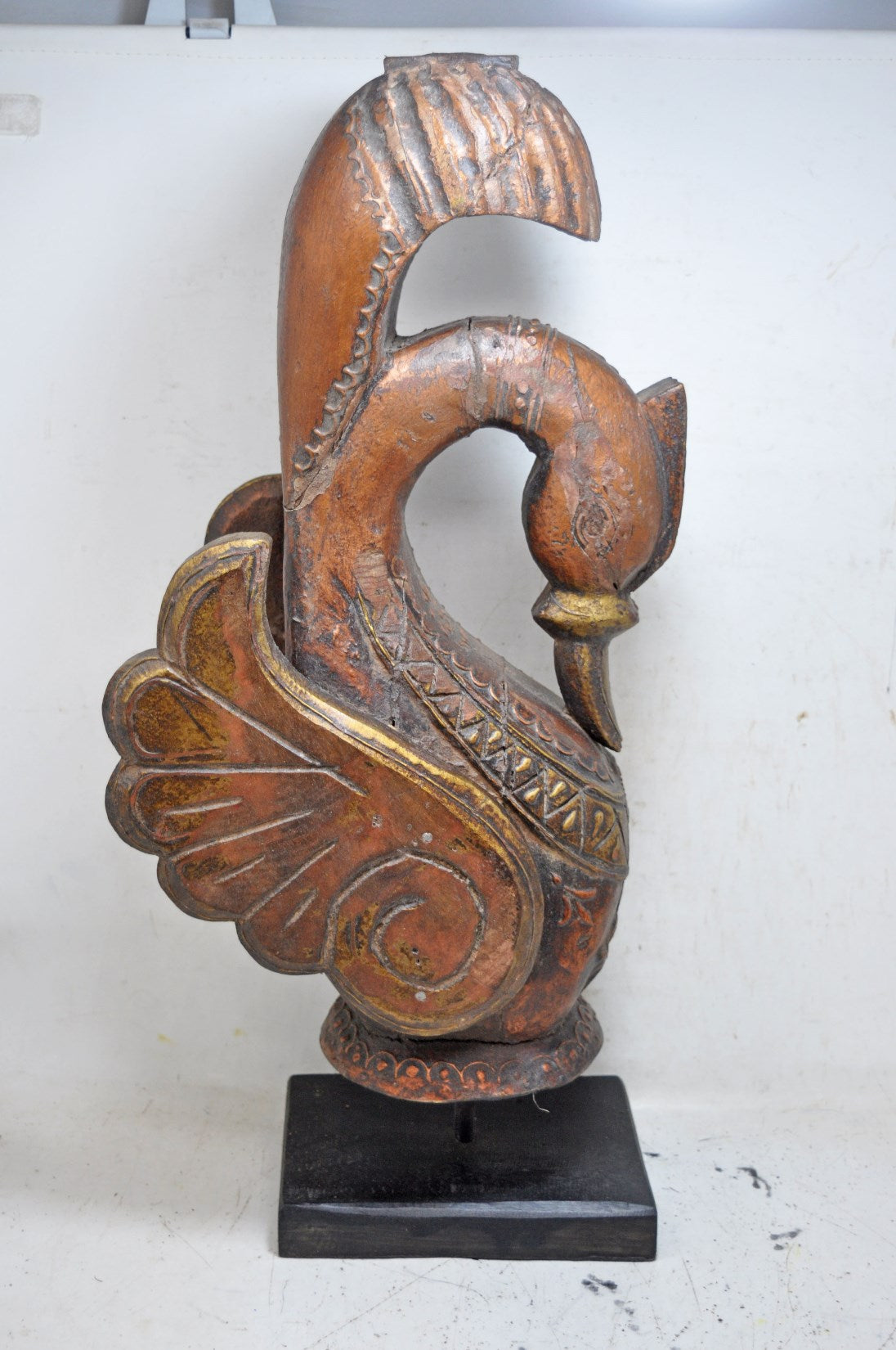 Antique Wooden Large Tall Bird Swan Figurine Original Old Fine Hand Carved