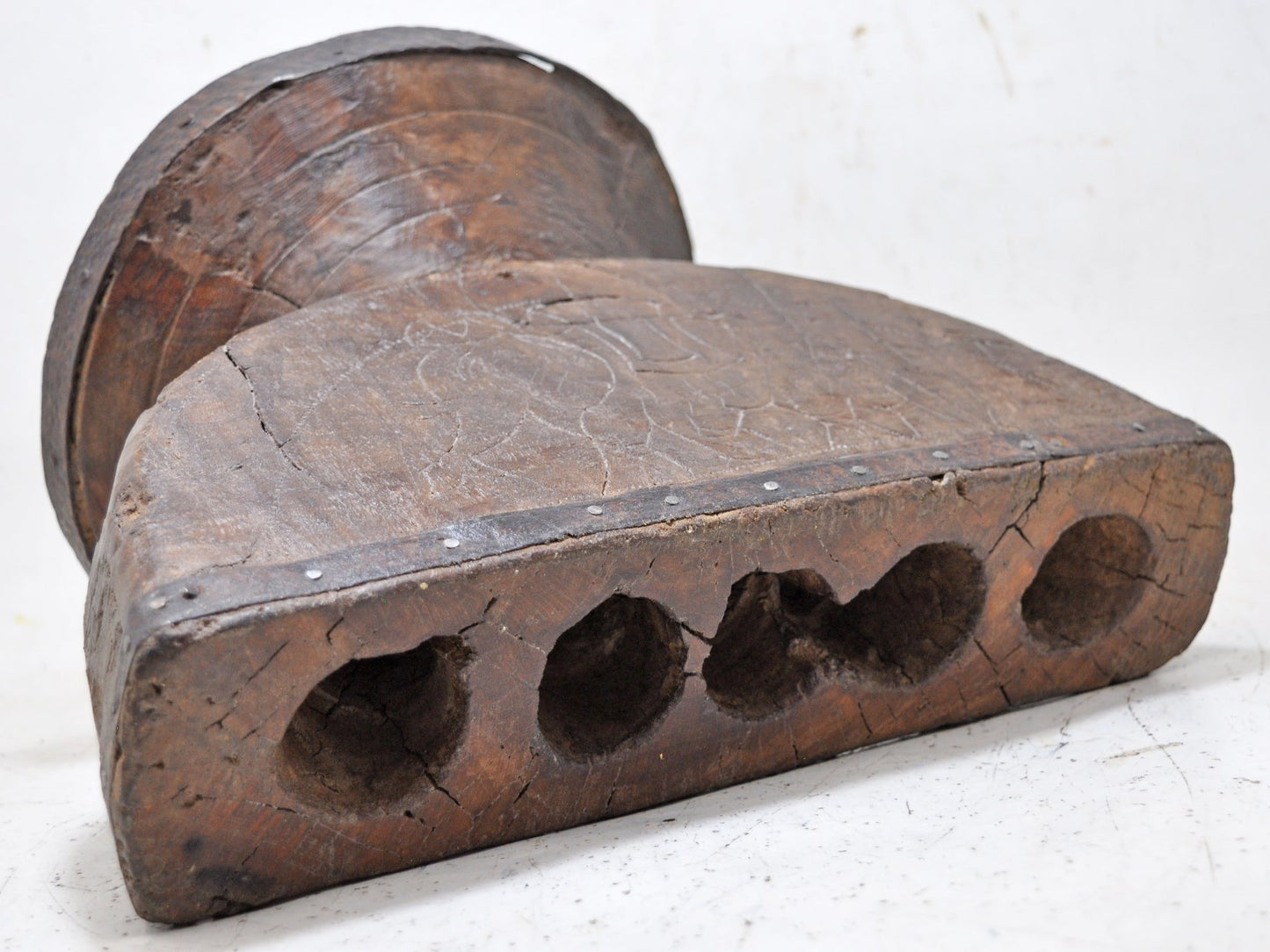 Antique Wooden Very Large Agricultural Seed Holder Bijni Original Old Hand Carved