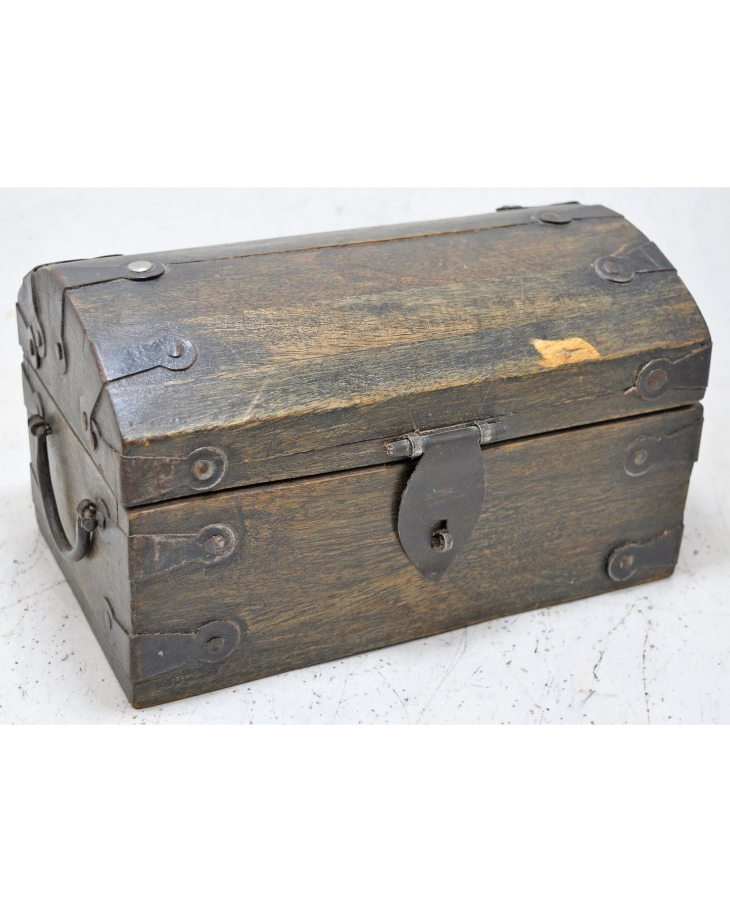 Vintage Wooden Half Round Top Storage Box Original Old Hand Crafted Metal Fitted