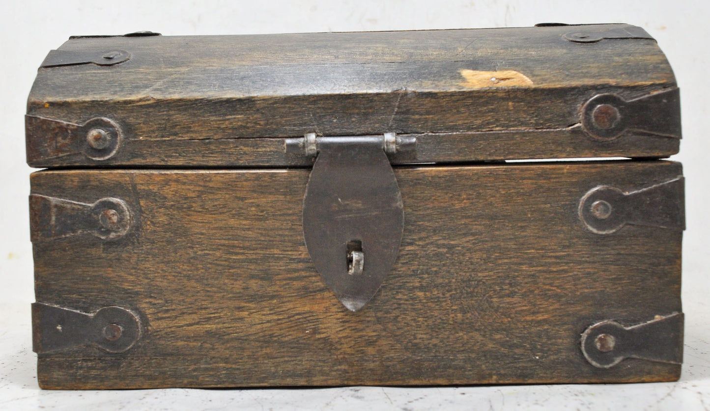 Vintage Wooden Half Round Top Storage Box Original Old Hand Crafted Metal Fitted