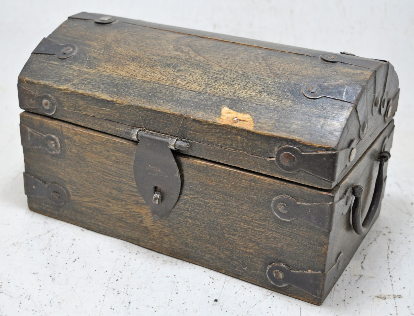 Vintage Wooden Half Round Top Storage Box Original Old Hand Crafted Metal Fitted