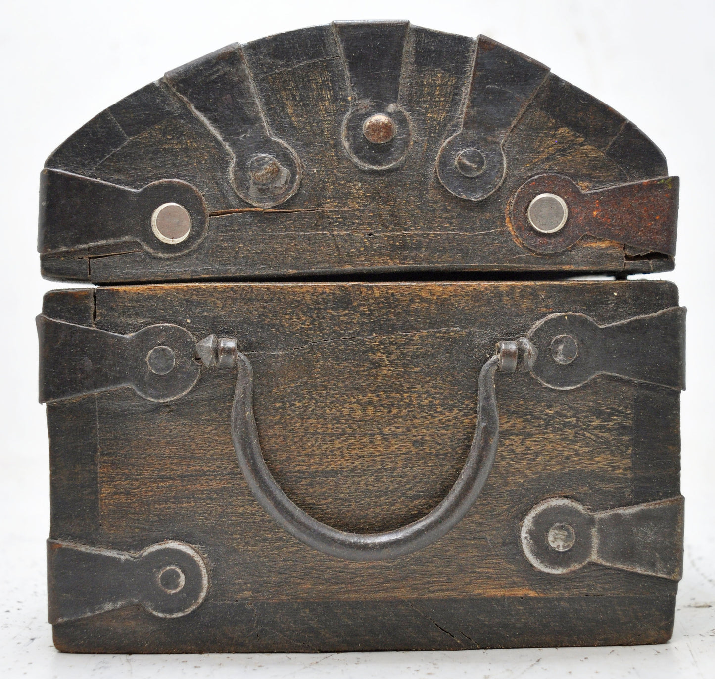 Vintage Wooden Half Round Top Storage Box Original Old Hand Crafted Metal Fitted
