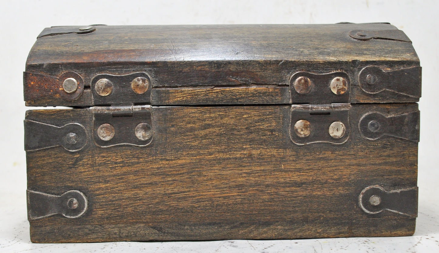 Vintage Wooden Half Round Top Storage Box Original Old Hand Crafted Metal Fitted