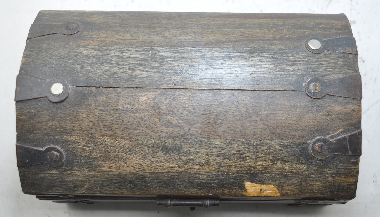 Vintage Wooden Half Round Top Storage Box Original Old Hand Crafted Metal Fitted