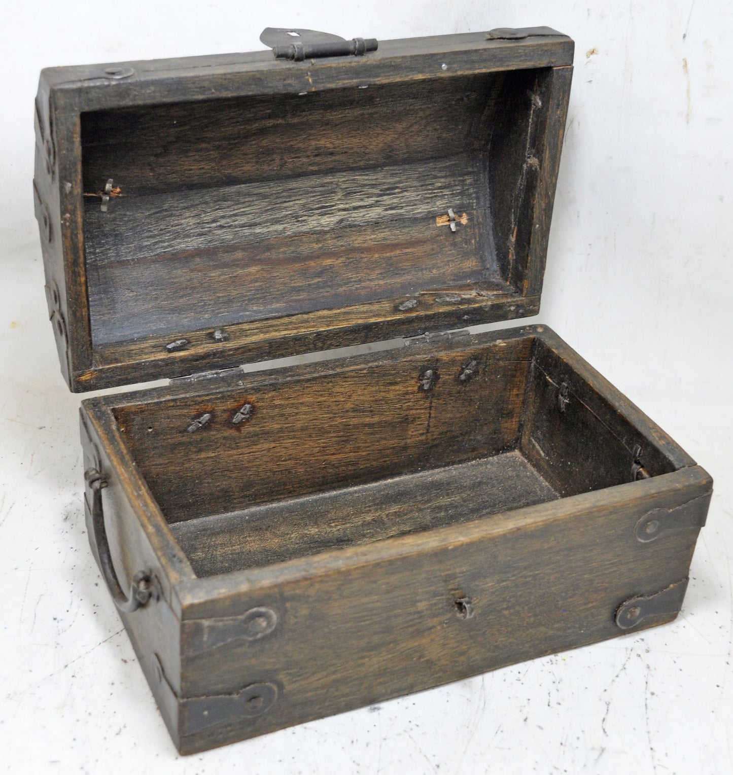 Vintage Wooden Half Round Top Storage Box Original Old Hand Crafted Metal Fitted