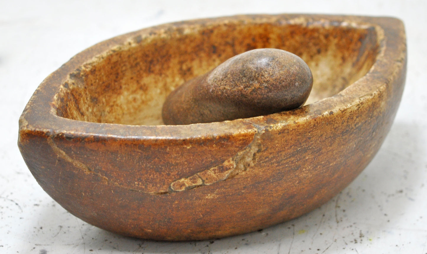Antique White Marble Oval Spice Grinding Mortar and Pestle Bowl Original Old Hand Carved