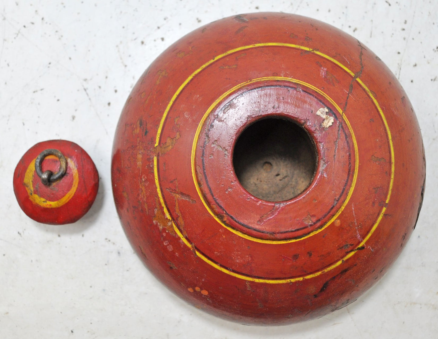 Antique Wooden Round Tobacco Opium Box Original Old Hand Carved Painted