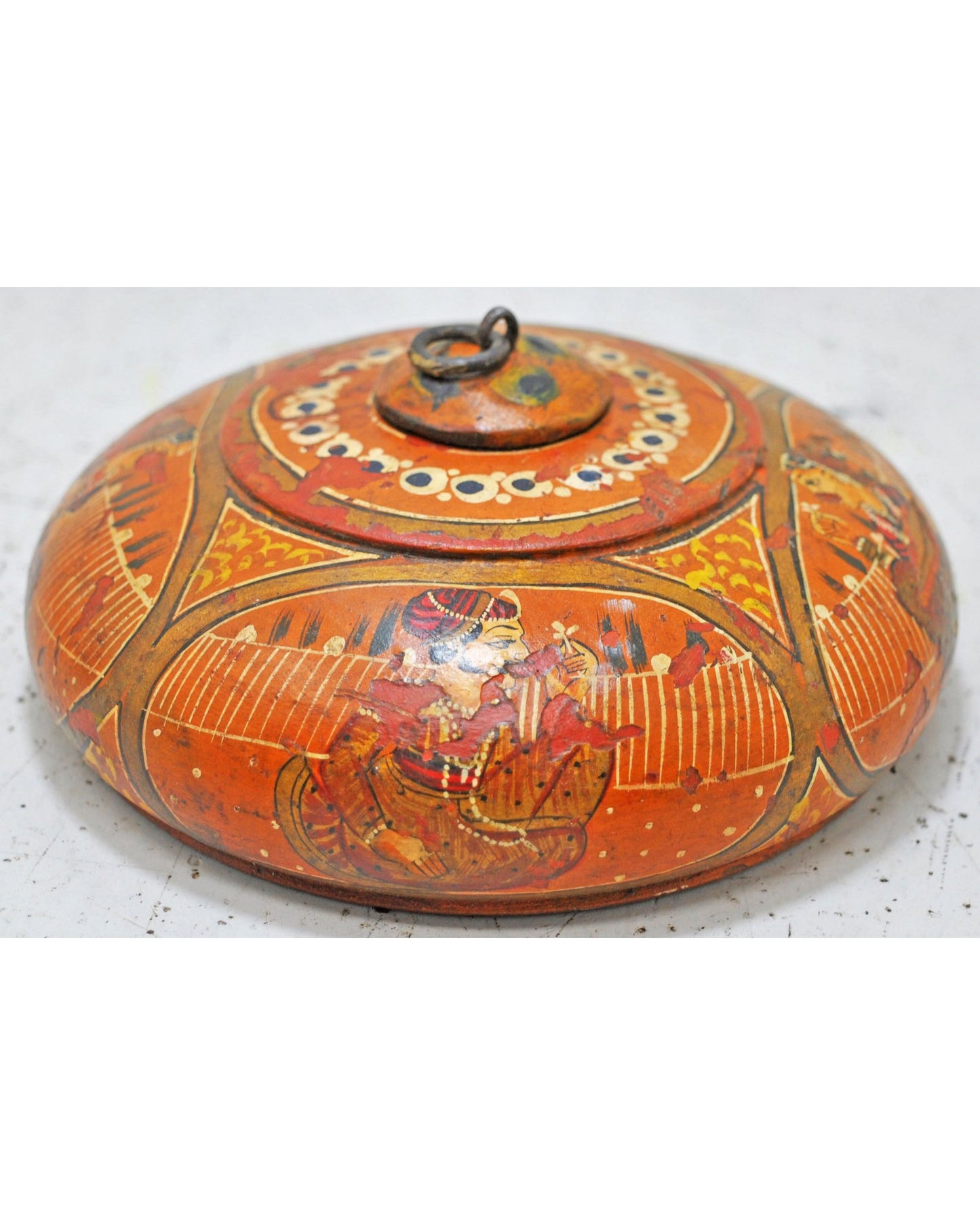 Antique Wooden Round Tobacco Opium Box Original Old Hand Carved Painted