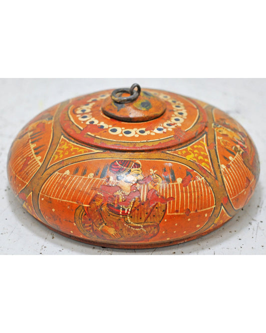 Antique Wooden Round Tobacco Opium Box Original Old Hand Carved Painted
