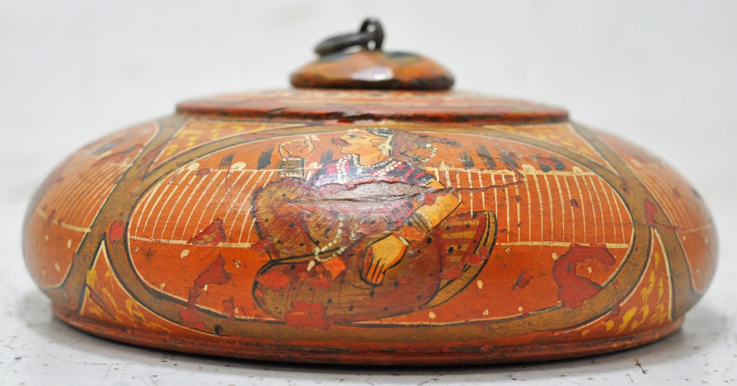 Antique Wooden Round Tobacco Opium Box Original Old Hand Carved Painted