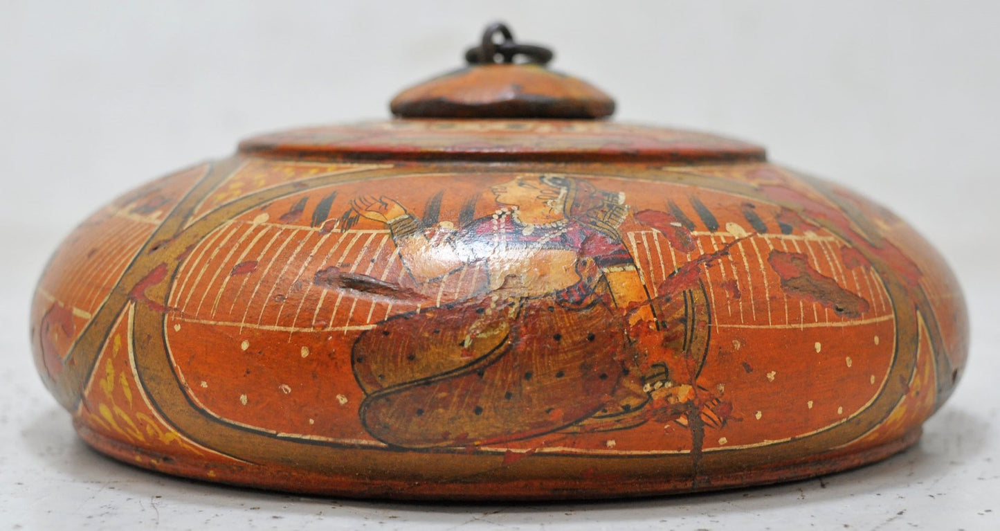 Antique Wooden Round Tobacco Opium Box Original Old Hand Carved Painted