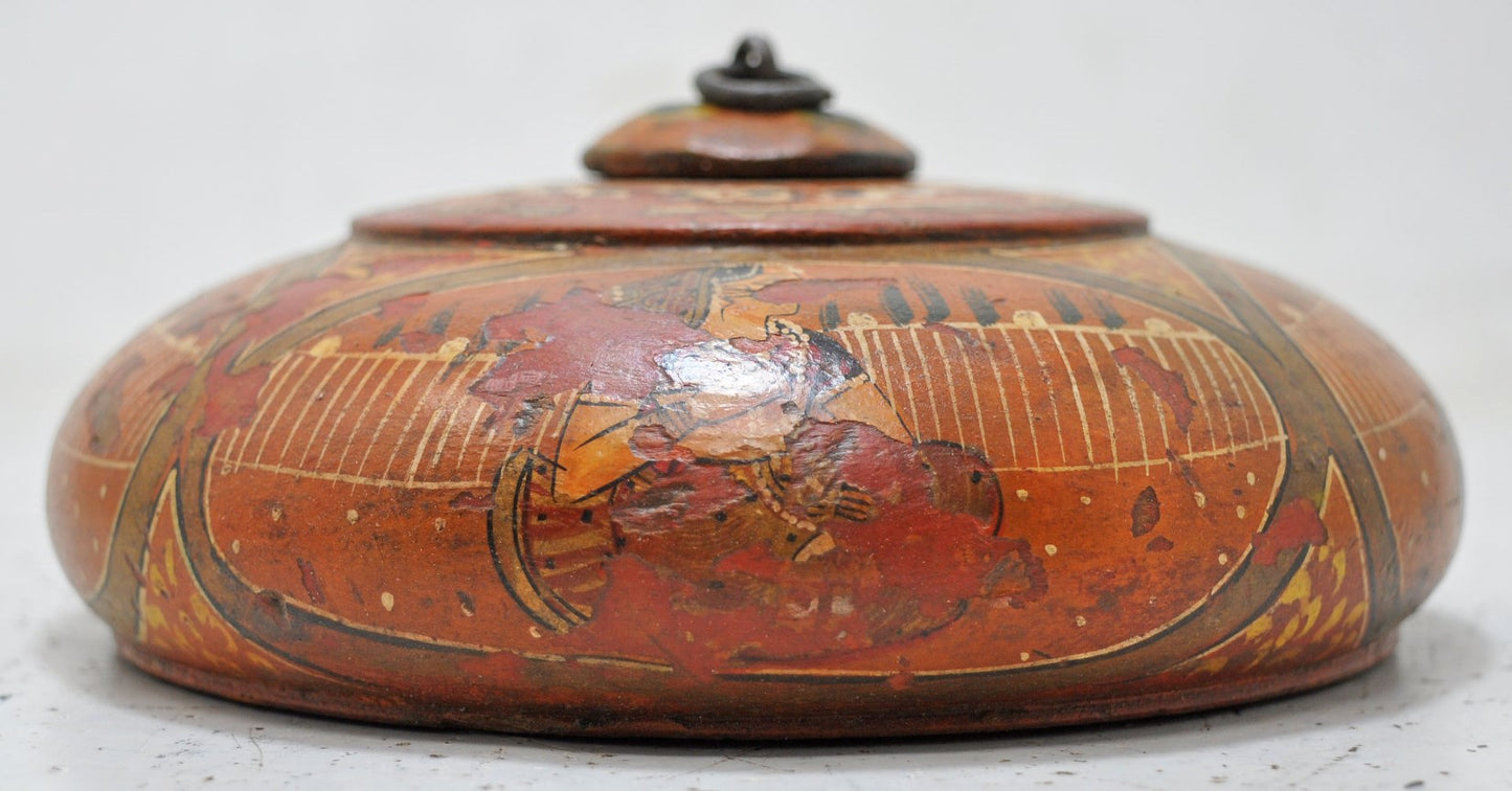 Antique Wooden Round Tobacco Opium Box Original Old Hand Carved Painted