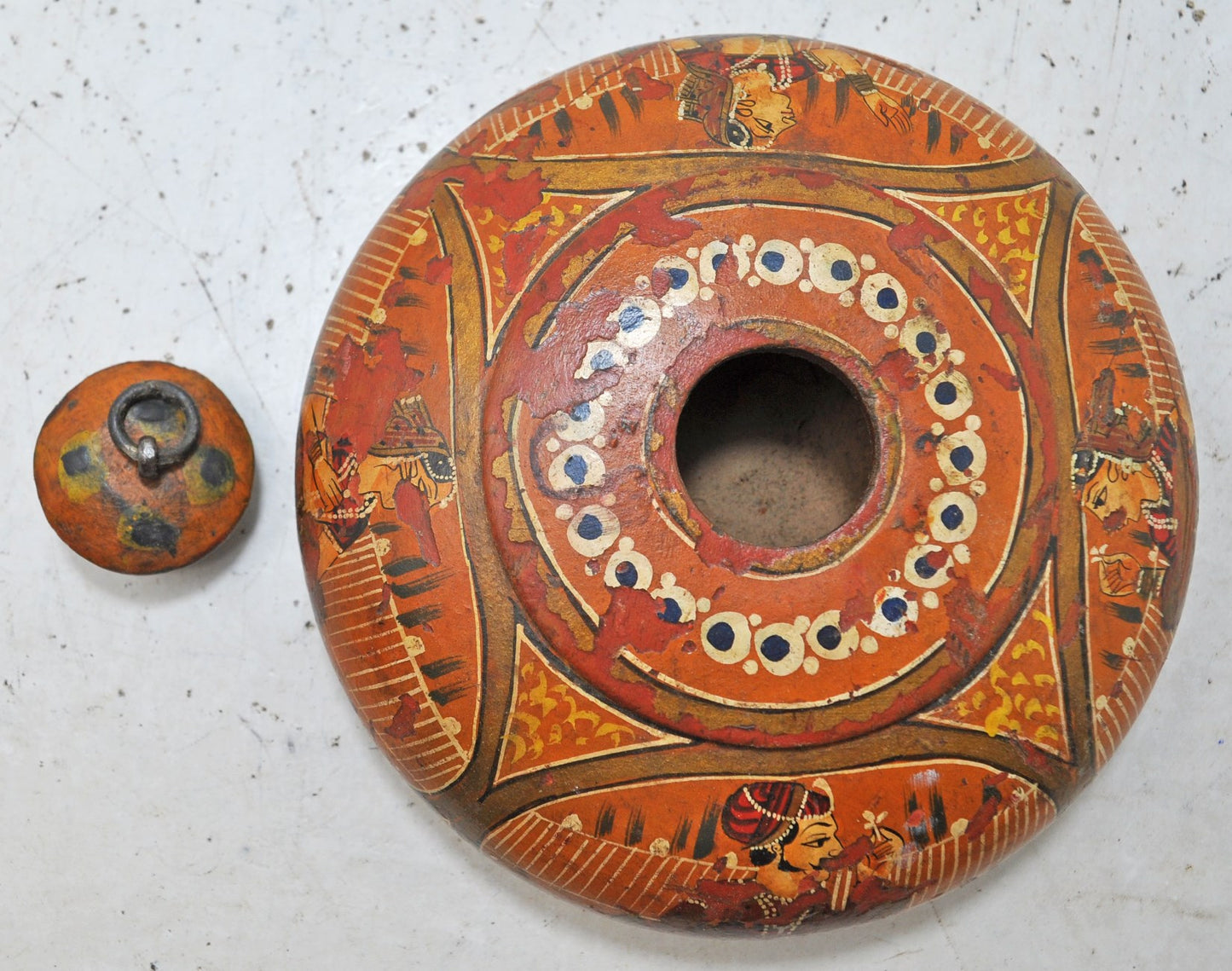 Antique Wooden Round Tobacco Opium Box Original Old Hand Carved Painted