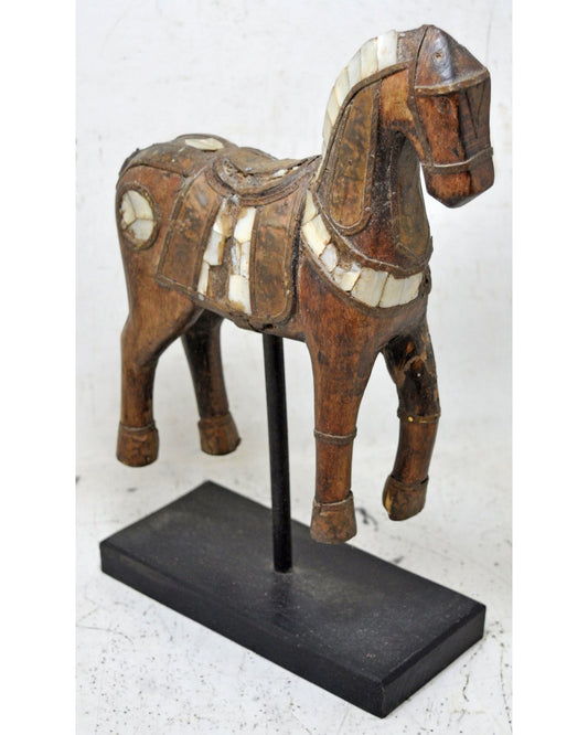 Antique Wooden Large Horse Figurine Original Old Hand Carved Brass Fitted