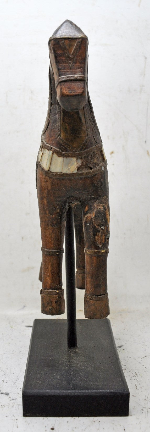 Antique Wooden Large Horse Figurine Original Old Hand Carved Brass Fitted