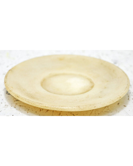 Antique White Marble Round Kitchenware Plate Original Old Hand Carved