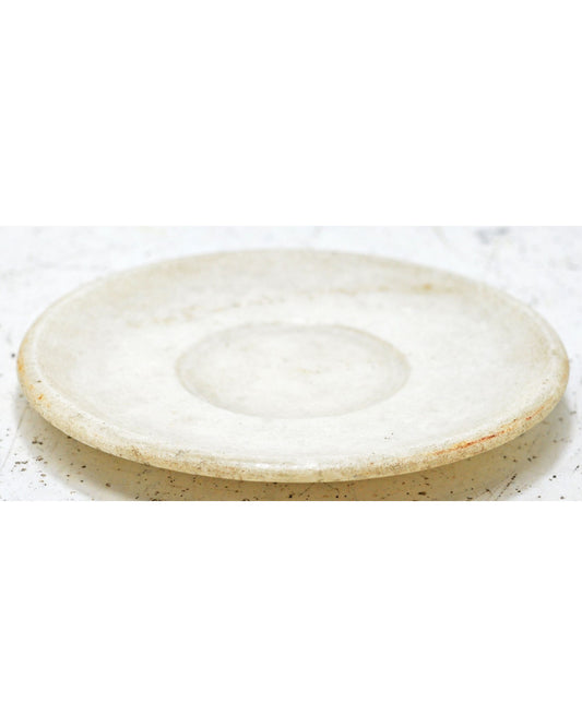 Antique White Marble Round Kitchenware Plate Original Old Hand Carved