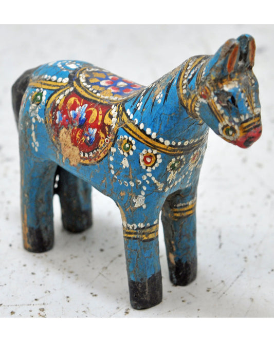 Hand Carved Wooden Small Horse Figurine Rustic Hand Painted Blue