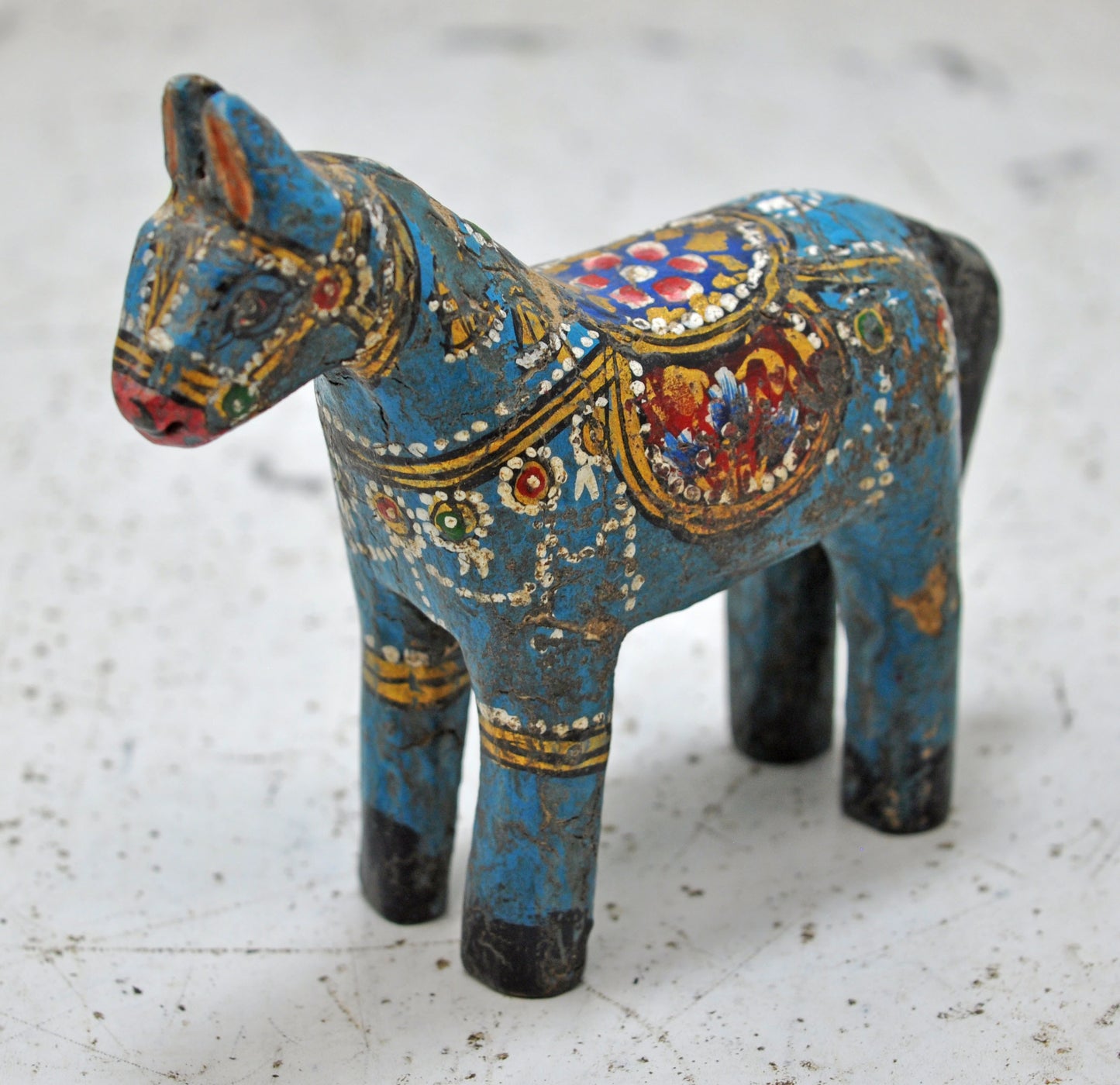 Hand Carved Wooden Small Horse Figurine Rustic Hand Painted Blue