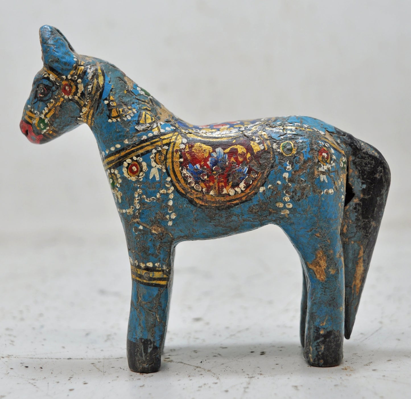 Hand Carved Wooden Small Horse Figurine Rustic Hand Painted Blue