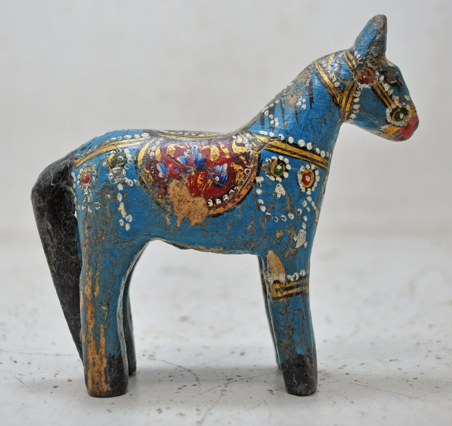 Hand Carved Wooden Small Horse Figurine Rustic Hand Painted Blue