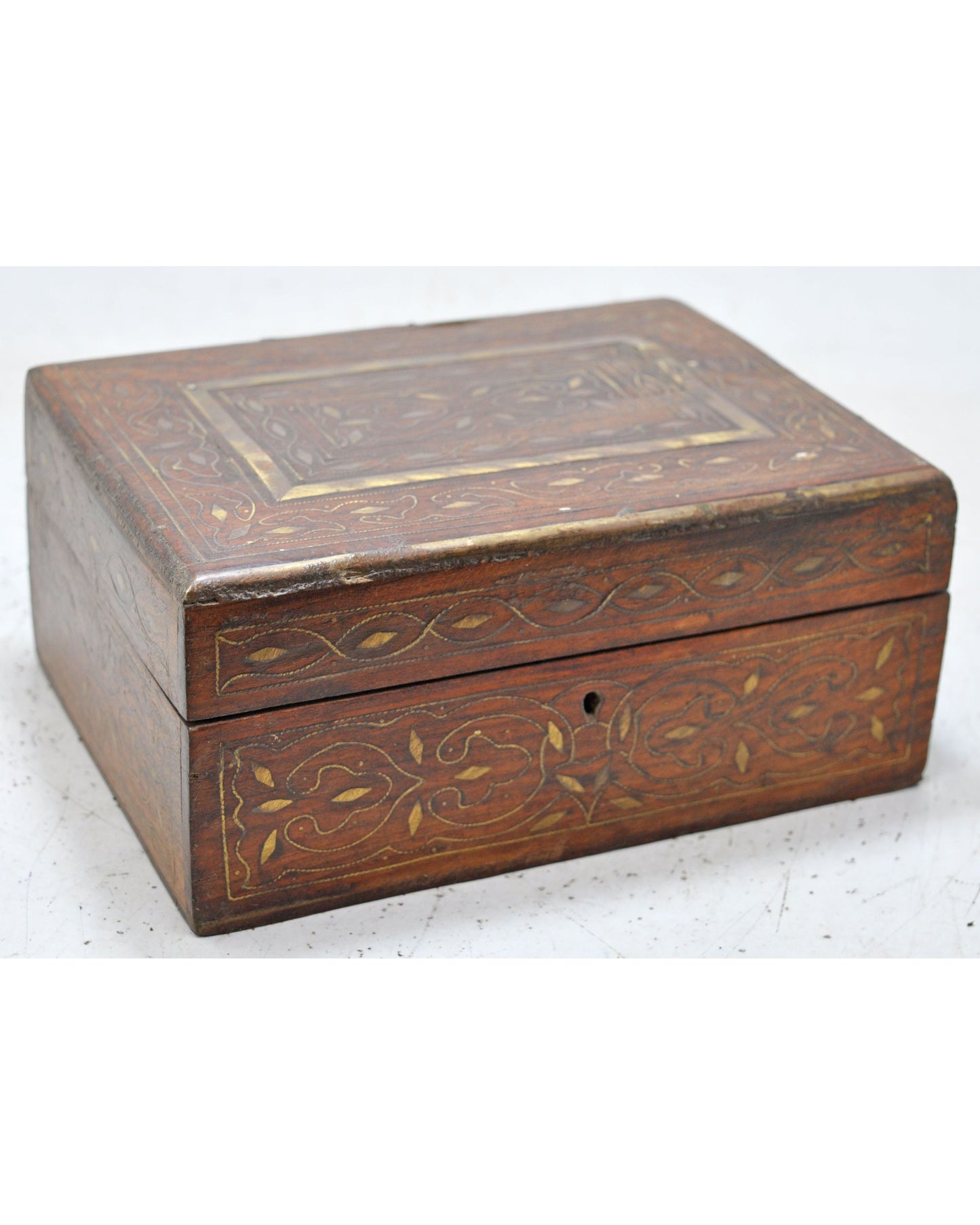 Vintage Wooden Storage Chest Box Original Old Hand Crafted Fine Brass Inlay