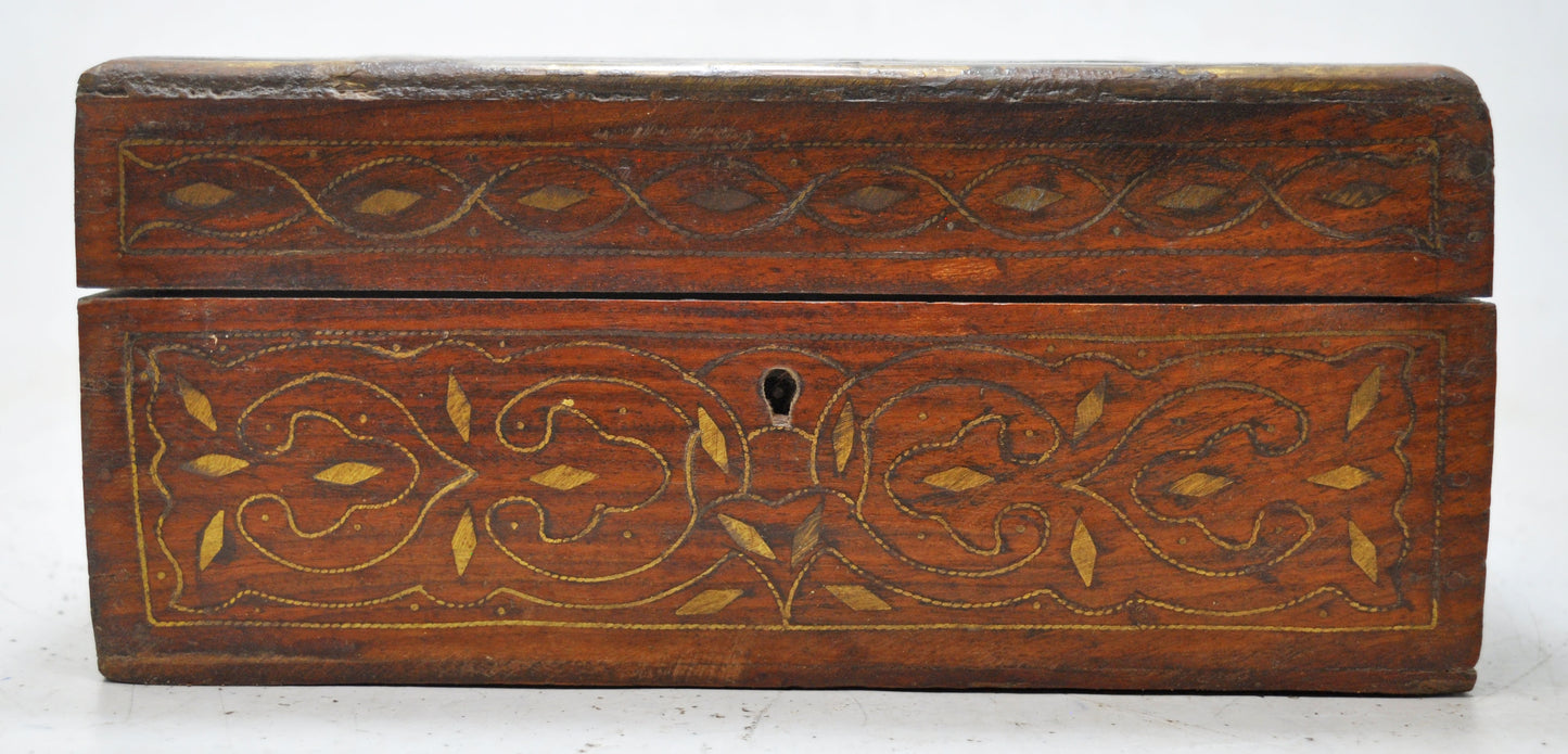 Vintage Wooden Storage Chest Box Original Old Hand Crafted Fine Brass Inlay