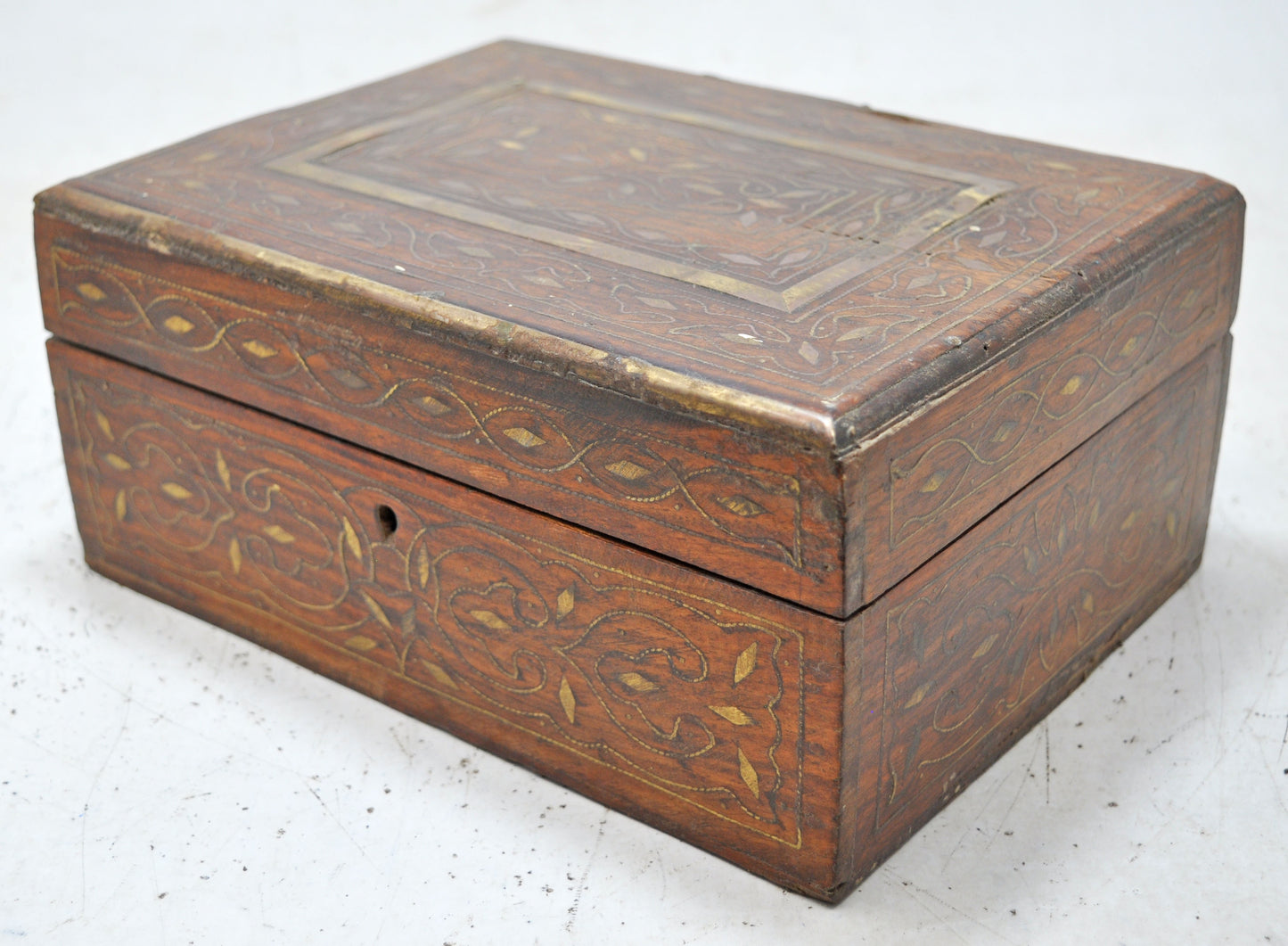 Vintage Wooden Storage Chest Box Original Old Hand Crafted Fine Brass Inlay