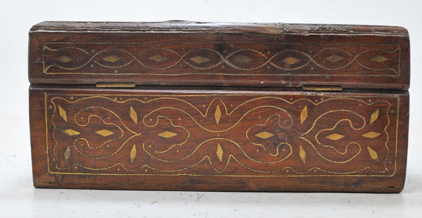 Vintage Wooden Storage Chest Box Original Old Hand Crafted Fine Brass Inlay