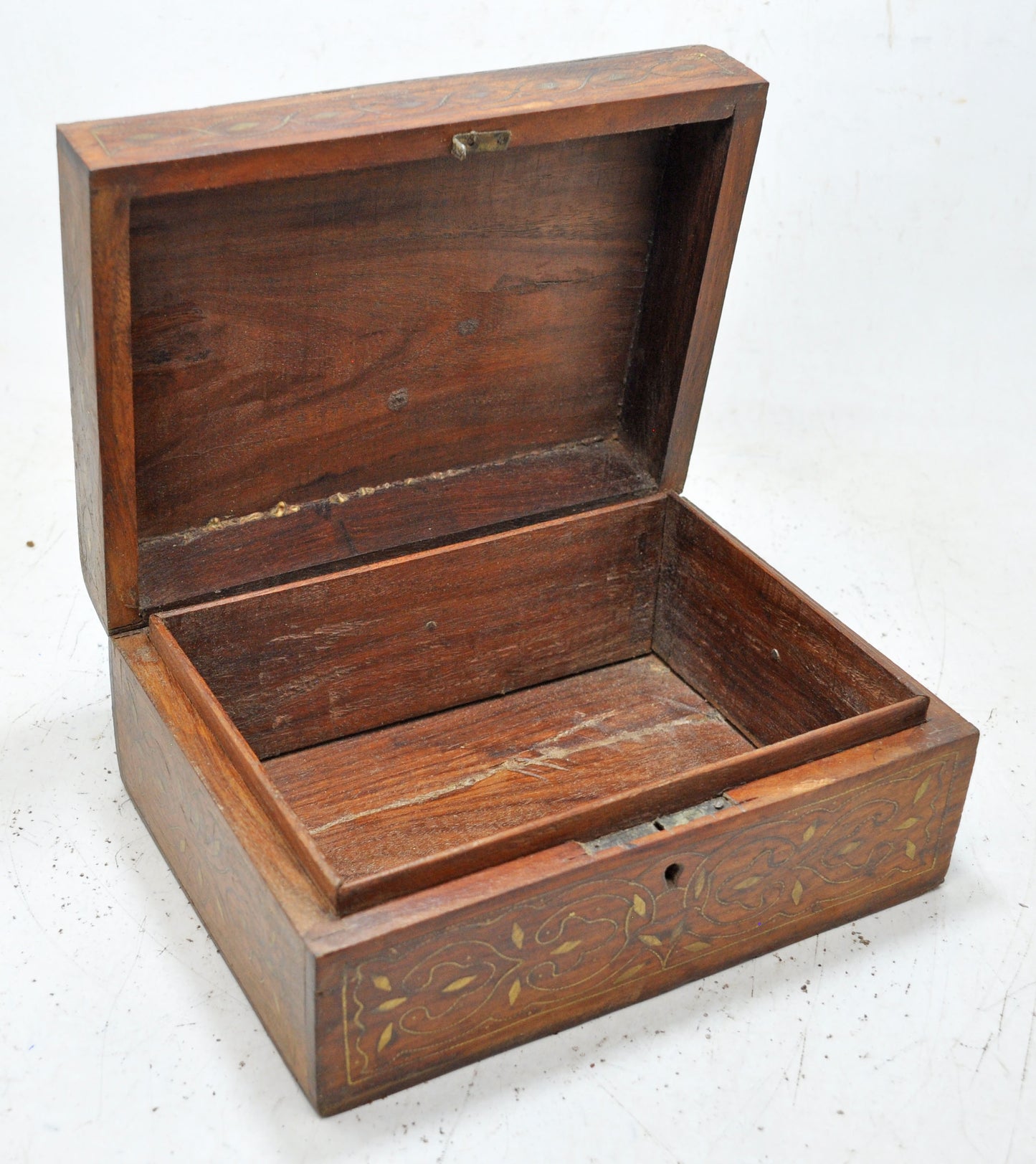 Vintage Wooden Storage Chest Box Original Old Hand Crafted Fine Brass Inlay