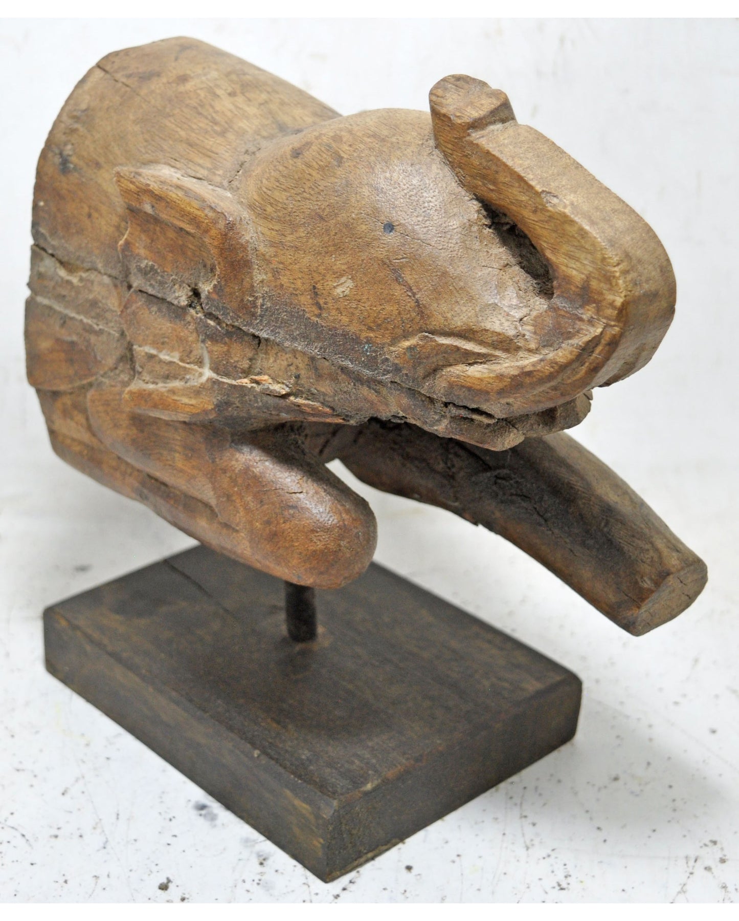 Antique Wooden Elephant Figurine on Stand Original Old Hand Carved