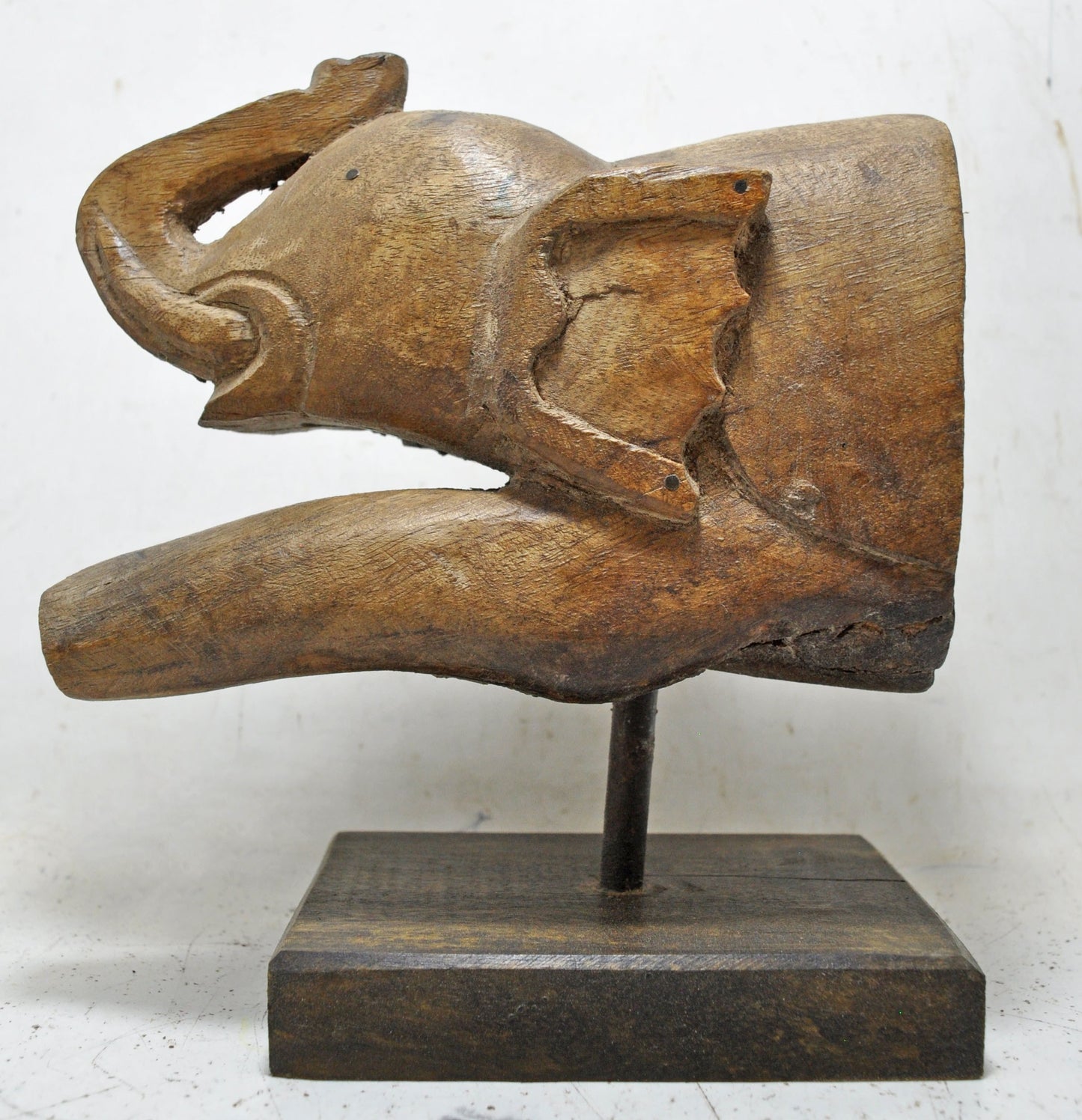 Antique Wooden Elephant Figurine on Stand Original Old Hand Carved