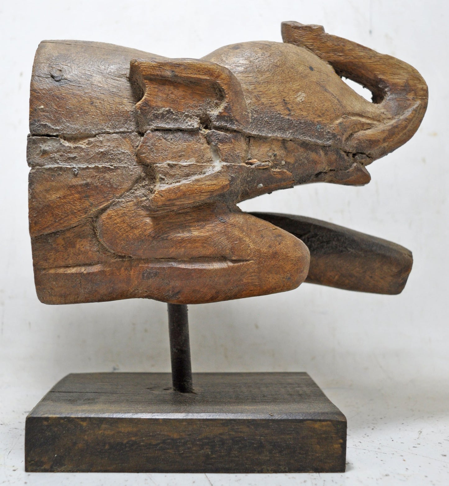 Antique Wooden Elephant Figurine on Stand Original Old Hand Carved